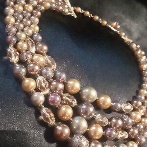 Vintage opalescent faux pearl and crystal cut glass 4 layers necklace